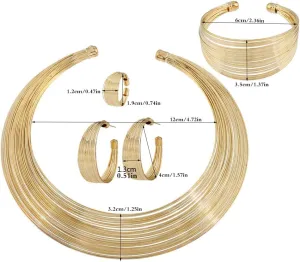 Statement Necklaces Cuff Bracelet Open Hoop Stud Earrings Ring African Chunky Costume Jewelry Set