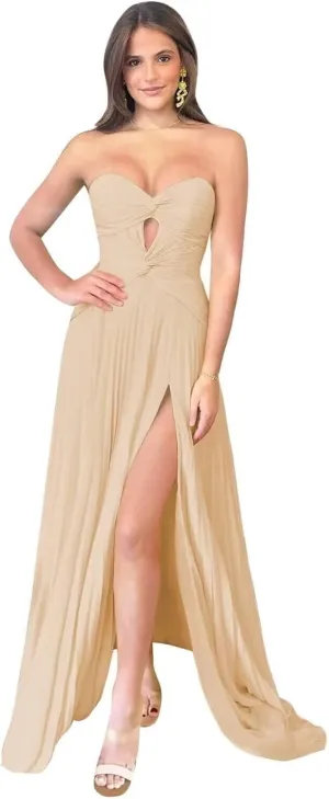 Strapless Chiffon Bridesmaid Dresses for Women Long A Line Pleated Formal Evening Gowns with Slit MJ001