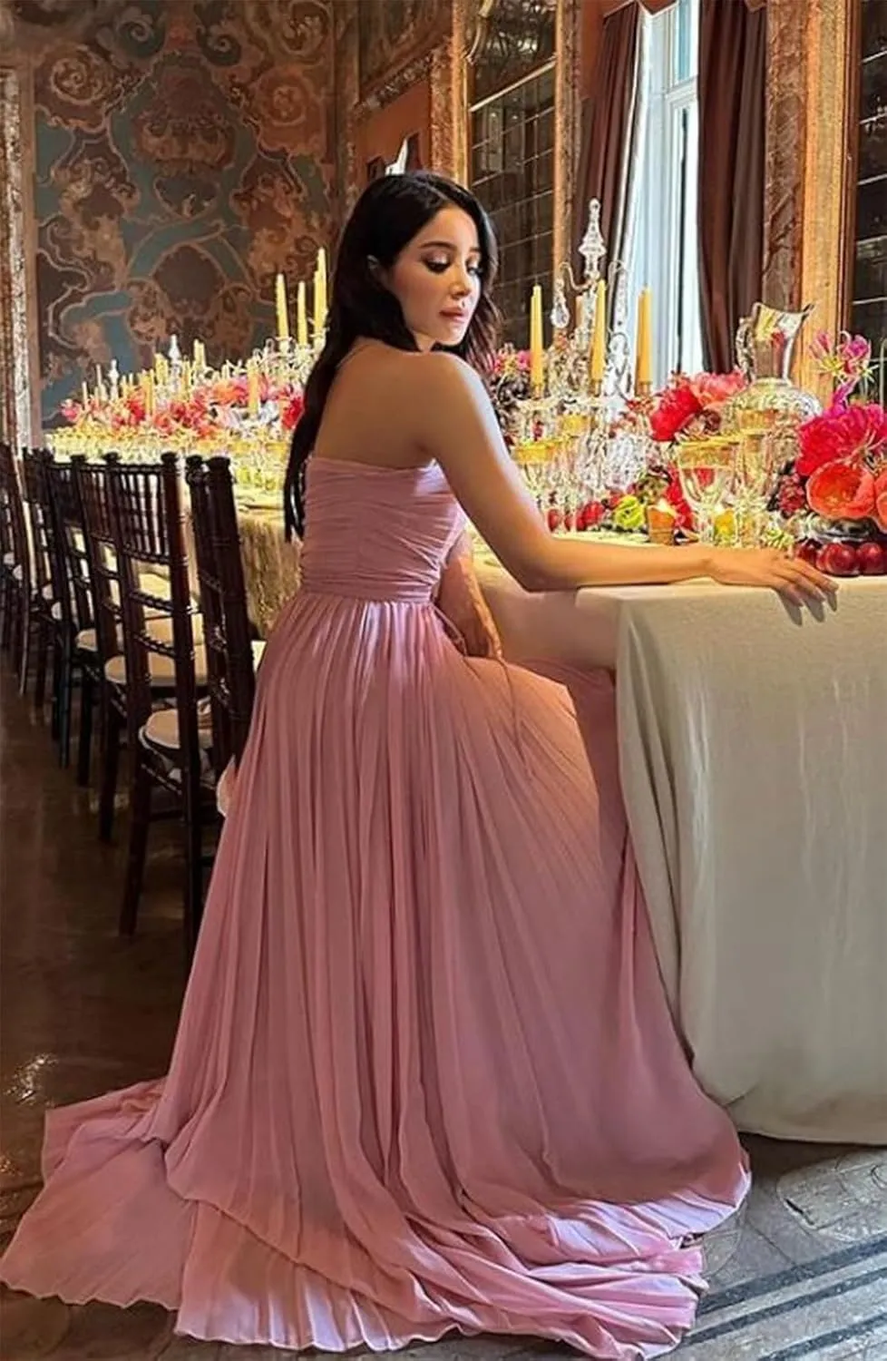 Strapless Chiffon Bridesmaid Dresses for Women Long A Line Pleated Formal Evening Gowns with Slit MJ001
