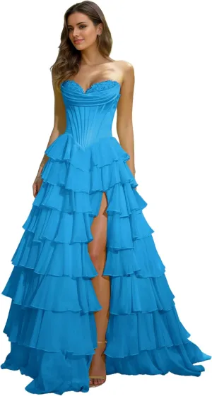Strapless Corset Floral Prom Dresses for Women 2025 Long Tiered Ruffle Chiffon Formal Evening Gown with Slit EA033