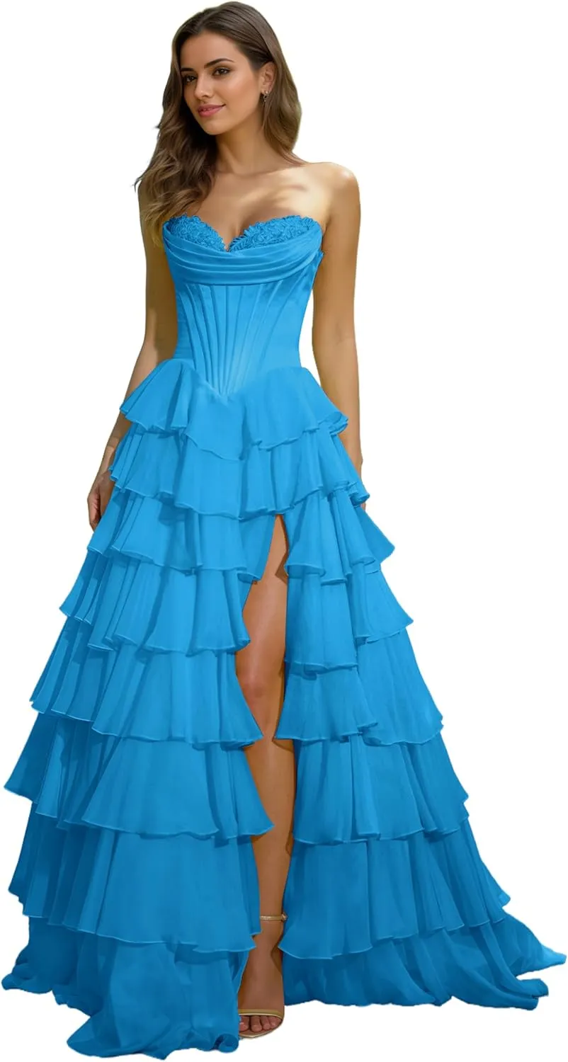 Strapless Corset Floral Prom Dresses for Women 2025 Long Tiered Ruffle Chiffon Formal Evening Gown with Slit EA033