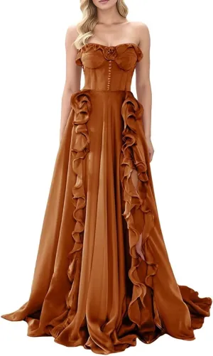 Strapless Prom Dresses for Women 2025 with Slit Long Ball Gown A-Line Ruffles Chiffon Formal Evening Dress
