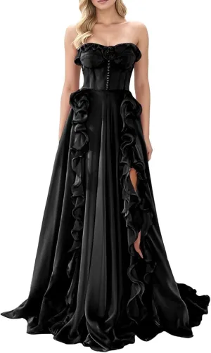 Strapless Prom Dresses for Women 2025 with Slit Long Ball Gown A-Line Ruffles Chiffon Formal Evening Dress