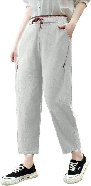 Summer Linen Pants for Women Trendy Elastic Waist Drawstring Casual Pant Baggy Straight Wide Leg Lounge Trousers