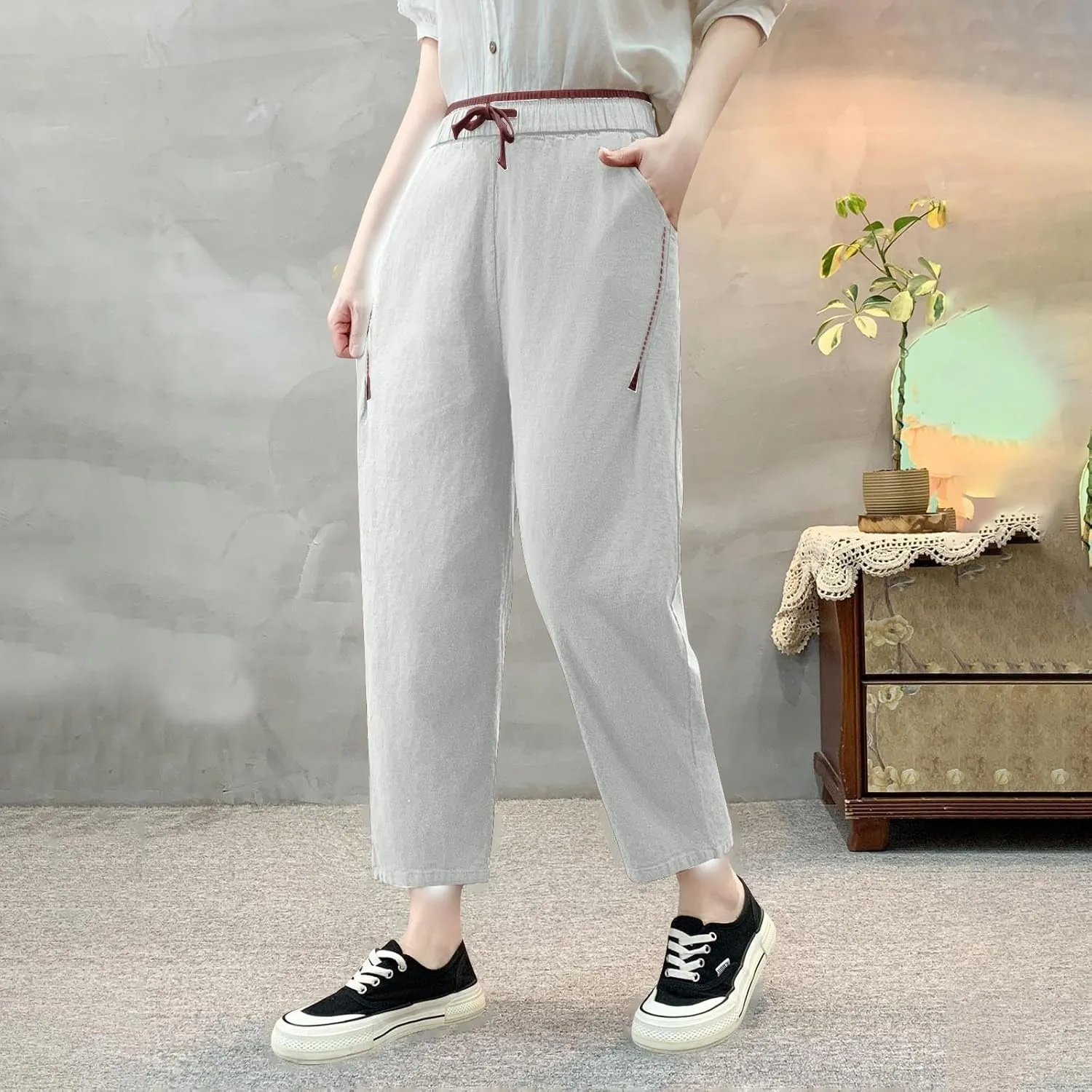 Summer Linen Pants for Women Trendy Elastic Waist Drawstring Casual Pant Baggy Straight Wide Leg Lounge Trousers