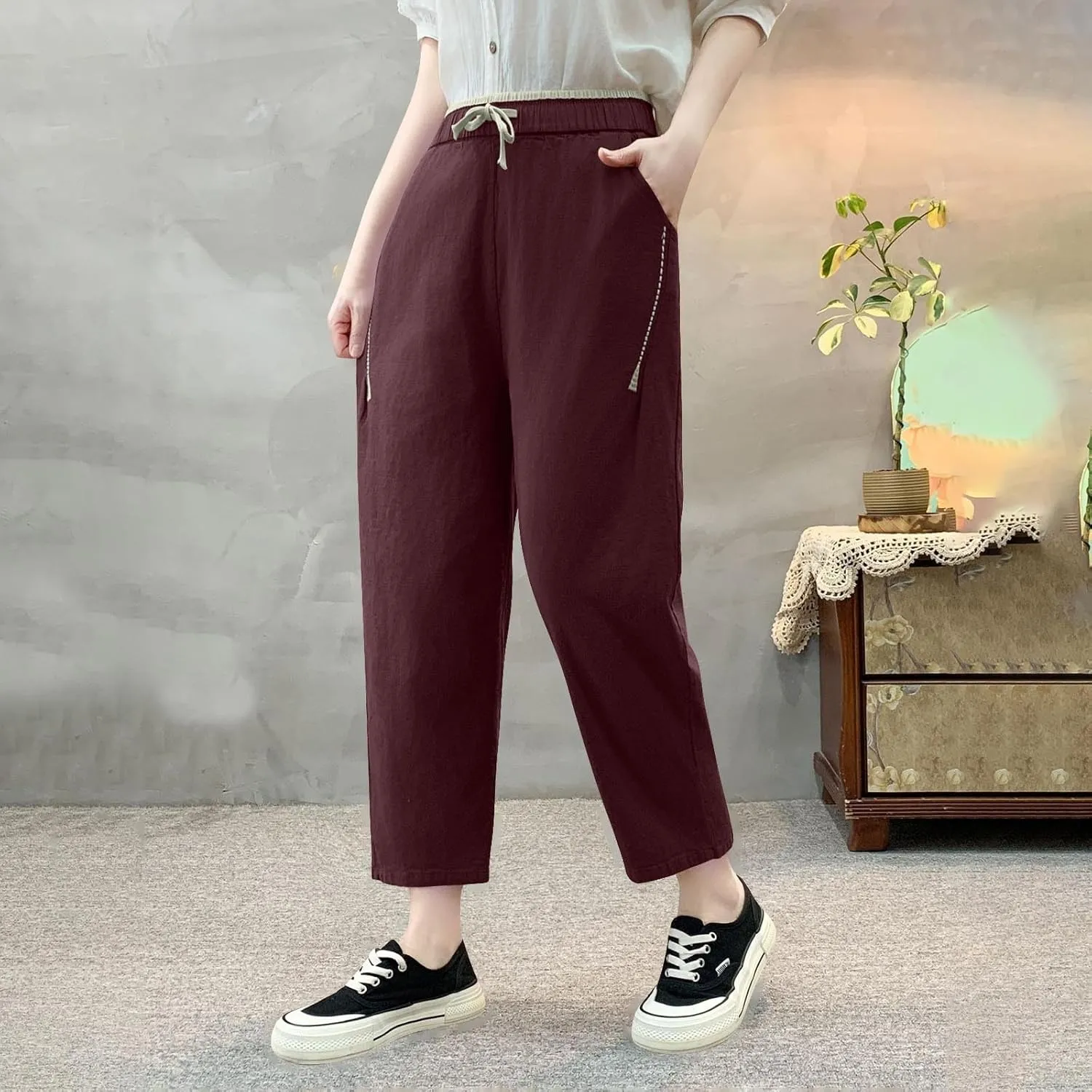 Summer Linen Pants for Women Trendy Elastic Waist Drawstring Casual Pant Baggy Straight Wide Leg Lounge Trousers