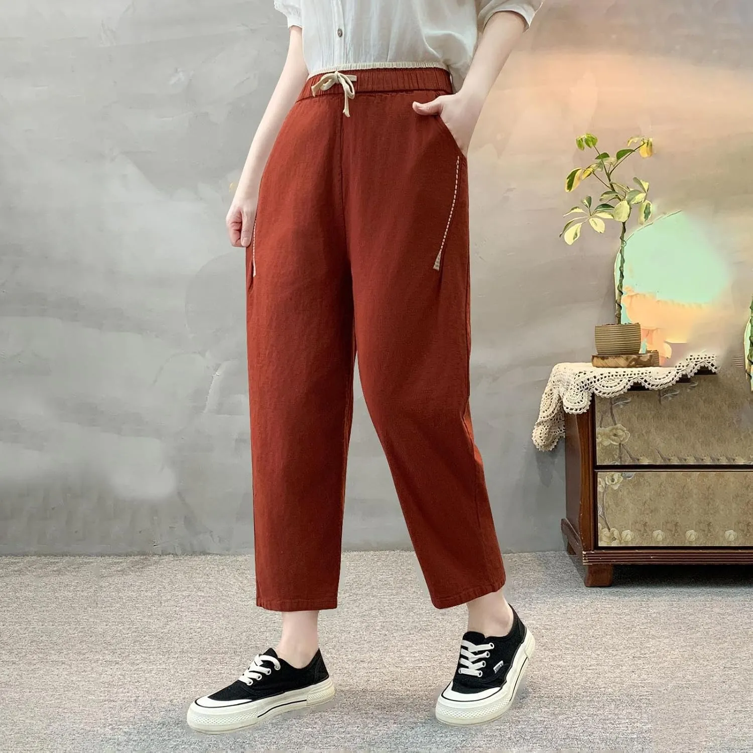 Summer Linen Pants for Women Trendy Elastic Waist Drawstring Casual Pant Baggy Straight Wide Leg Lounge Trousers