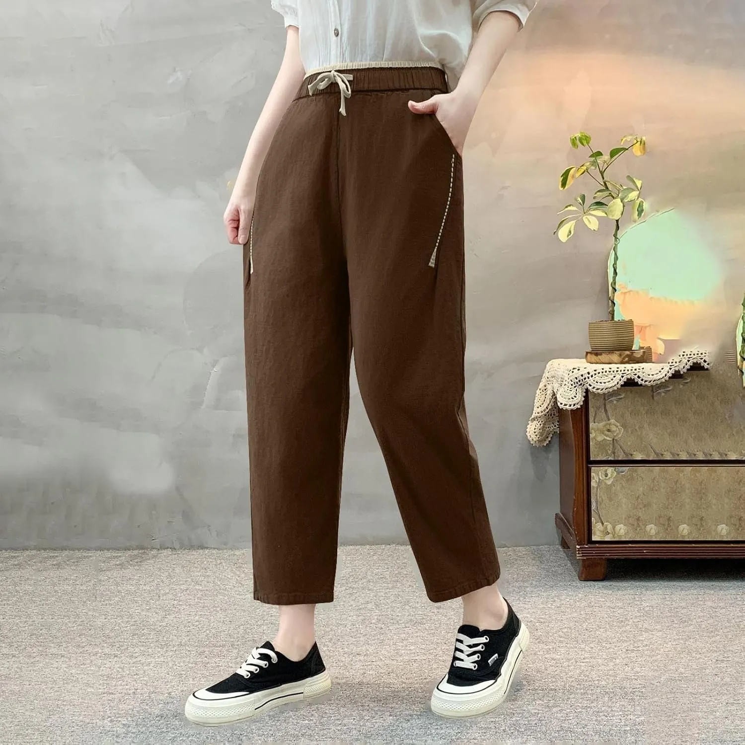 Summer Linen Pants for Women Trendy Elastic Waist Drawstring Casual Pant Baggy Straight Wide Leg Lounge Trousers