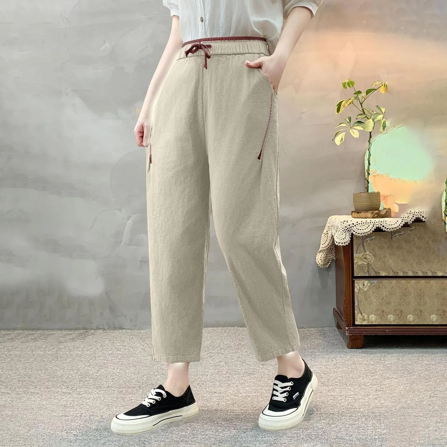 Summer Linen Pants for Women Trendy Elastic Waist Drawstring Casual Pant Baggy Straight Wide Leg Lounge Trousers