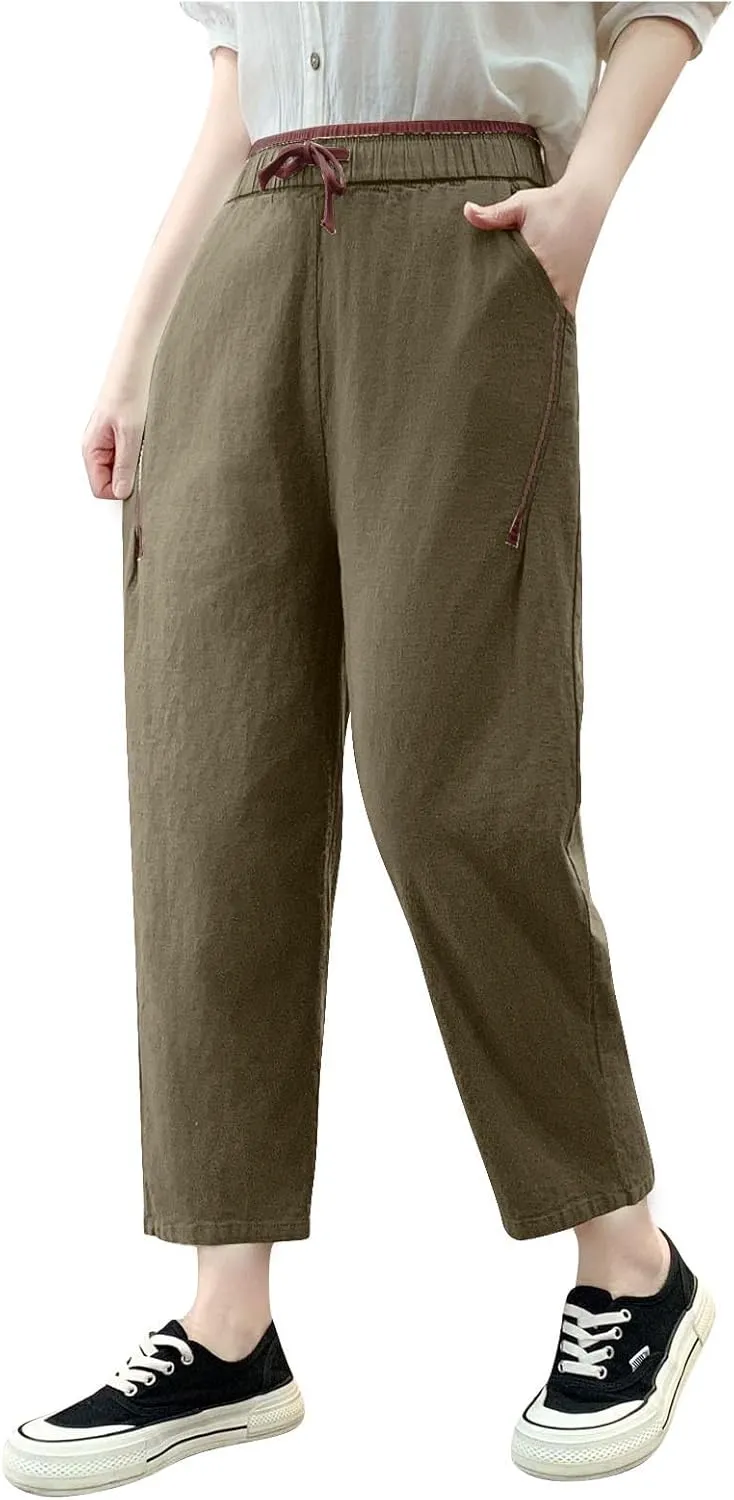Summer Linen Pants for Women Trendy Elastic Waist Drawstring Casual Pant Baggy Straight Wide Leg Lounge Trousers