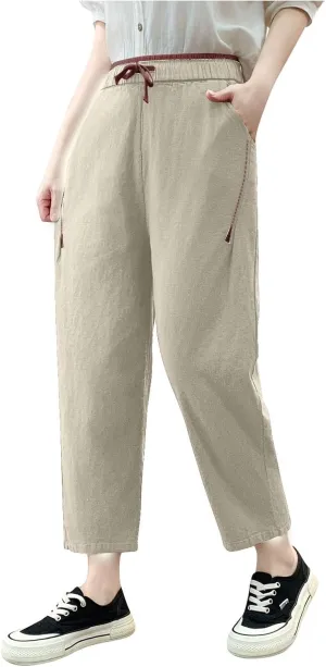 Summer Linen Pants for Women Trendy Elastic Waist Drawstring Casual Pant Baggy Straight Wide Leg Lounge Trousers