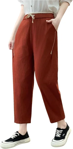 Summer Linen Pants for Women Trendy Elastic Waist Drawstring Casual Pant Baggy Straight Wide Leg Lounge Trousers