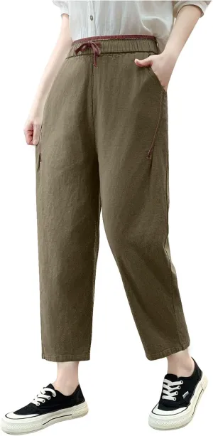 Summer Linen Pants for Women Trendy Elastic Waist Drawstring Casual Pant Baggy Straight Wide Leg Lounge Trousers