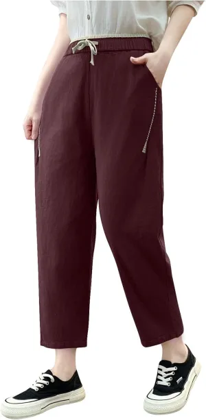 Summer Linen Pants for Women Trendy Elastic Waist Drawstring Casual Pant Baggy Straight Wide Leg Lounge Trousers
