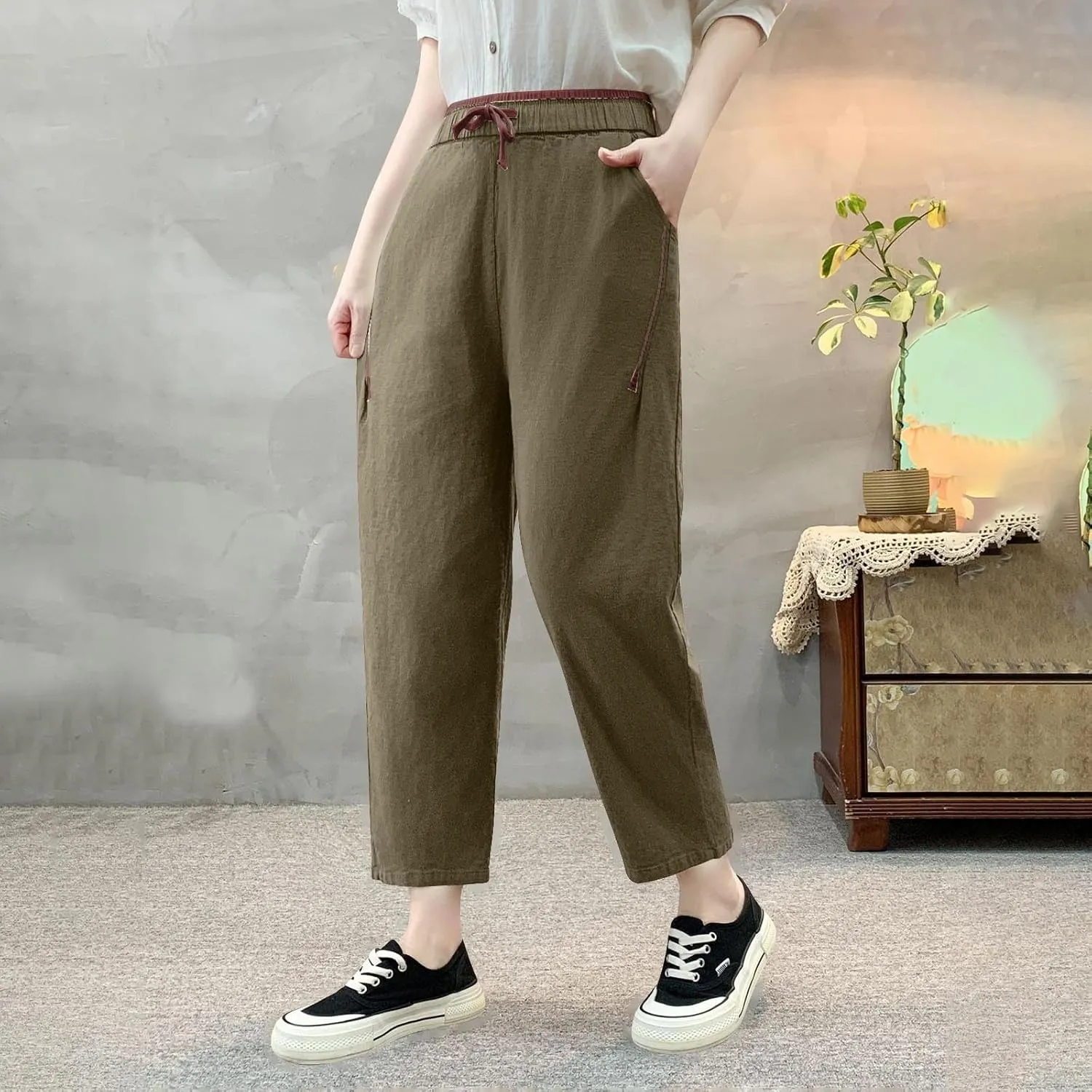 Summer Linen Pants for Women Trendy Elastic Waist Drawstring Casual Pant Baggy Straight Wide Leg Lounge Trousers