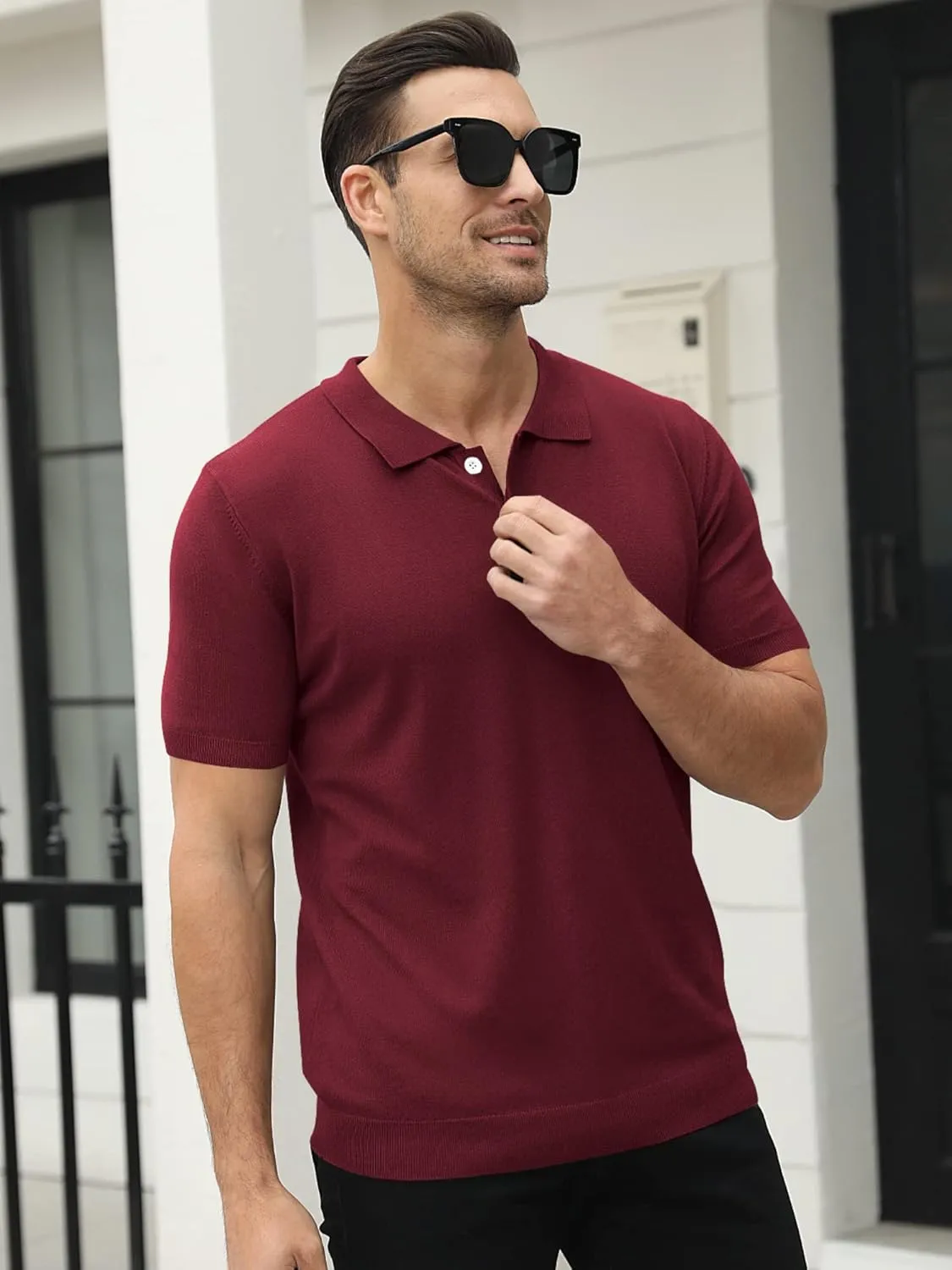 Syktkmx Mens Golf Polo Shirts Short Sleeve Casual Banded Bottom Stretch Classic Fit Solid Knit T-Shirts