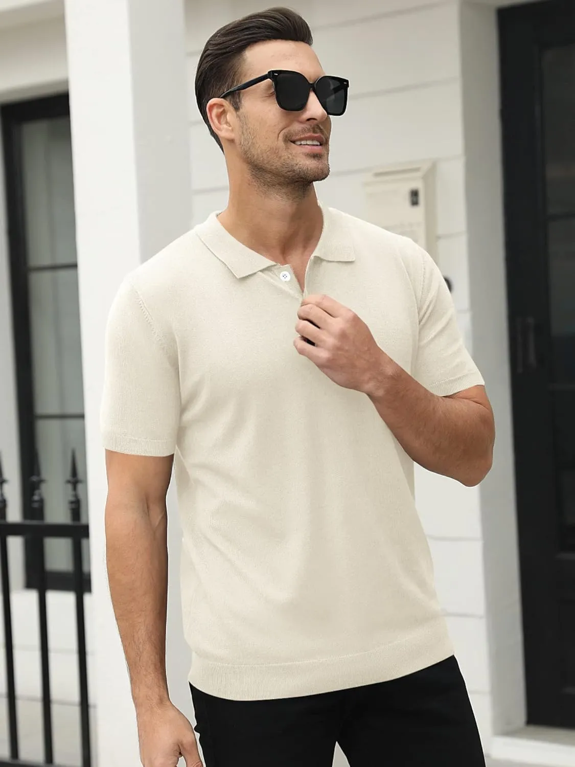 Syktkmx Mens Golf Polo Shirts Short Sleeve Casual Banded Bottom Stretch Classic Fit Solid Knit T-Shirts