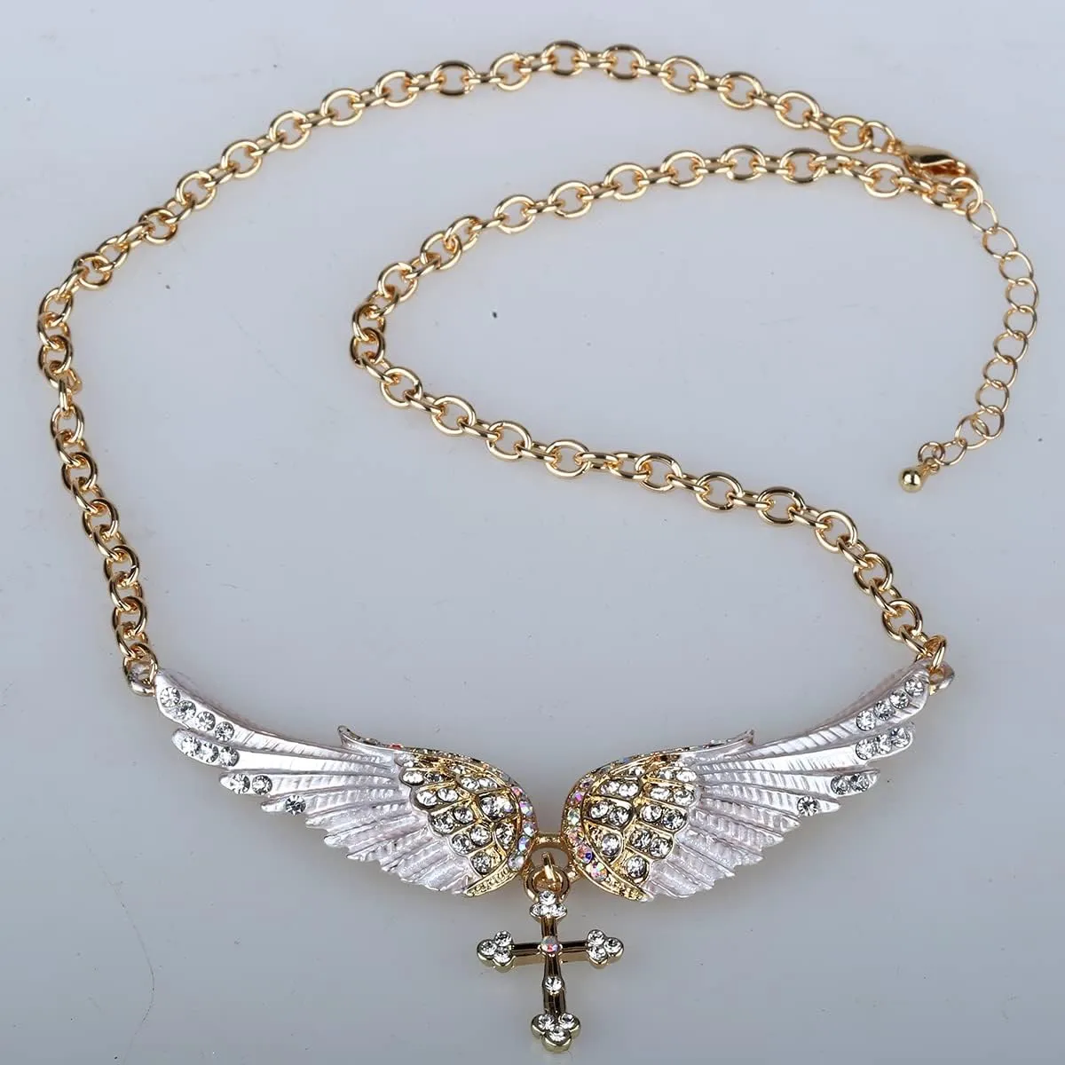 Szxc Jewelry Women's Crystal Guardian Angel Wings Cross Choker Pendant Necklaces 18" 2"