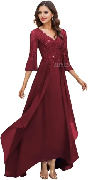 Tea Length Mother of The Bride Dresses for Wedding Floral Applique Chiffon Ruffle 3/4 Sleeve Formal Dresses for Women