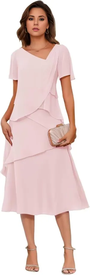 Tea Length Mother of The Bride Dresses for Women 2025 Tiered Chiffon A Line Formal Evening Prom Gown with Sleeves