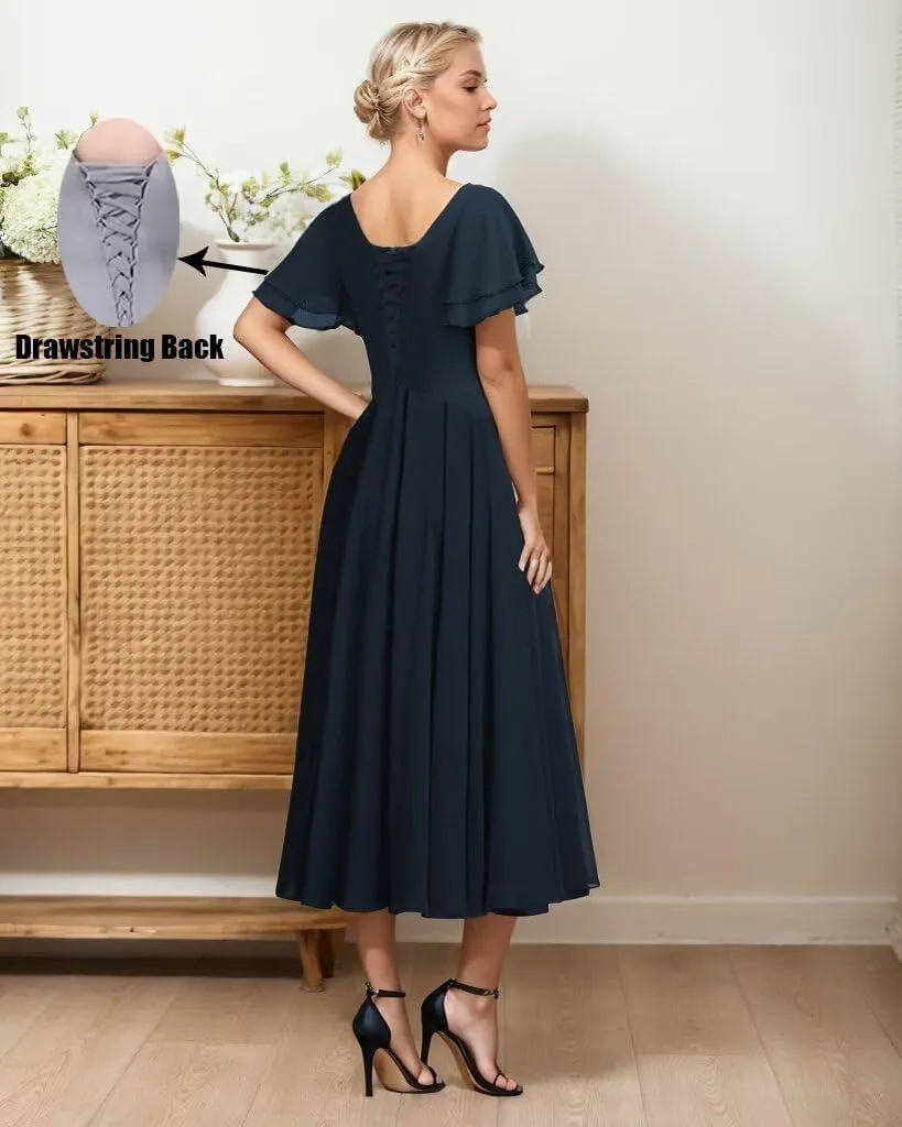 Tea Length Mother of The Bride Dresses V-Neck Chiffon Formal Evening Gowns A-Line Wedding Guest Dress