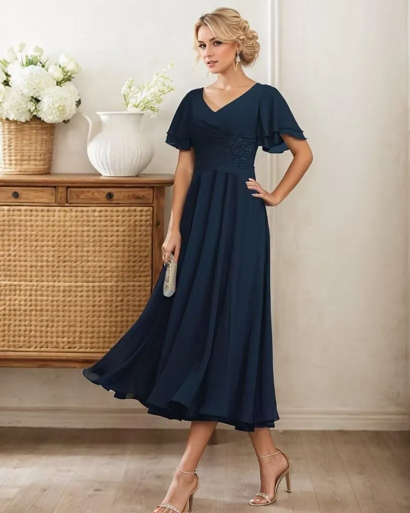 Tea Length Mother of The Bride Dresses V-Neck Chiffon Formal Evening Gowns A-Line Wedding Guest Dress