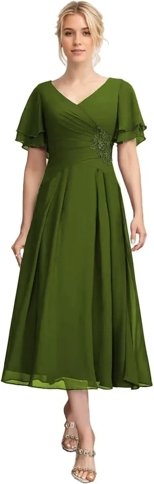 Tea Length Mother of The Bride Dresses V-Neck Chiffon Formal Evening Gowns A-Line Wedding Guest Dress