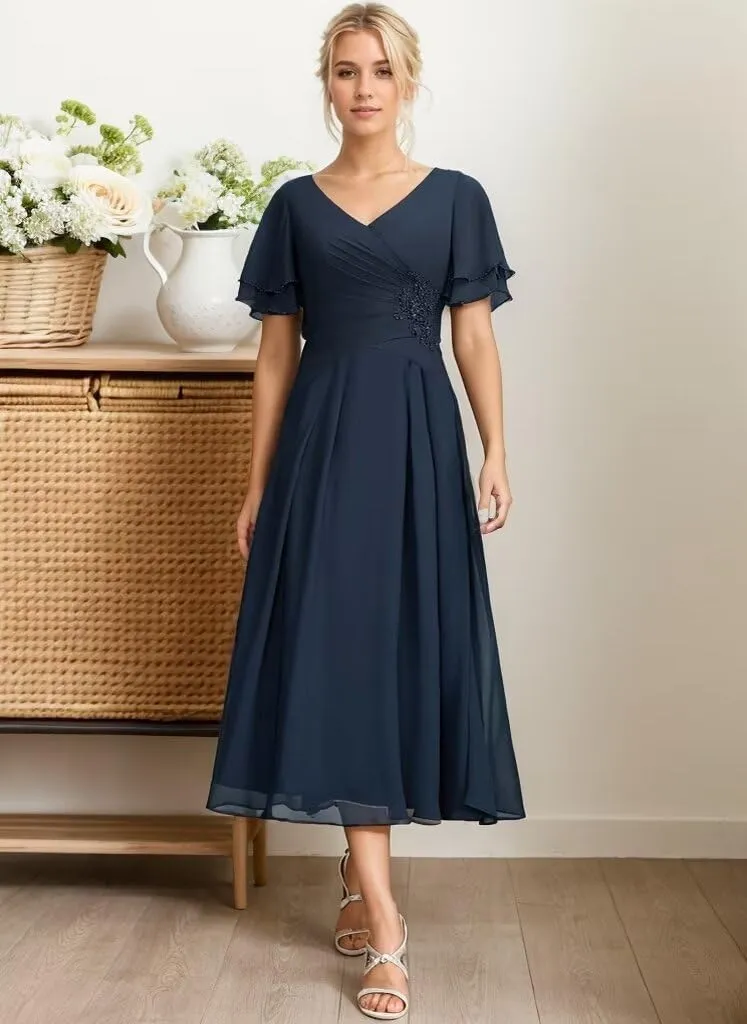 Tea Length Mother of The Bride Dresses V-Neck Chiffon Formal Evening Gowns A-Line Wedding Guest Dress