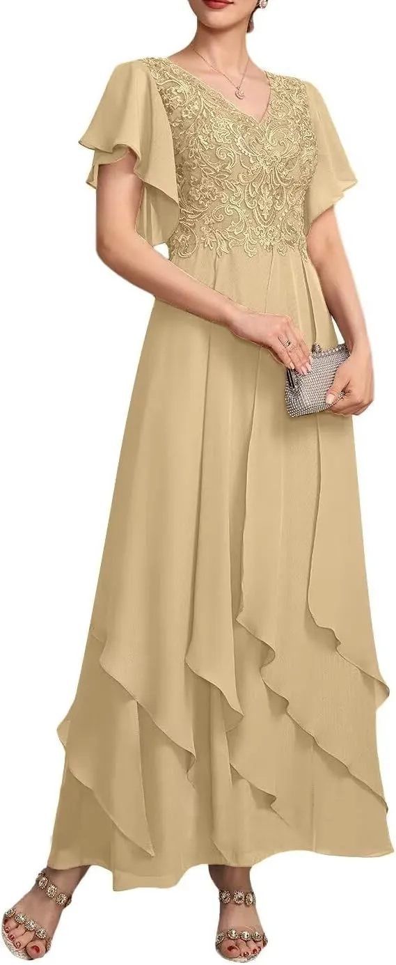 Tiered Chiffon Mother of The Bride Dresses for Wedding Ruffle Sleeves Lace Applique Evening Party Gown