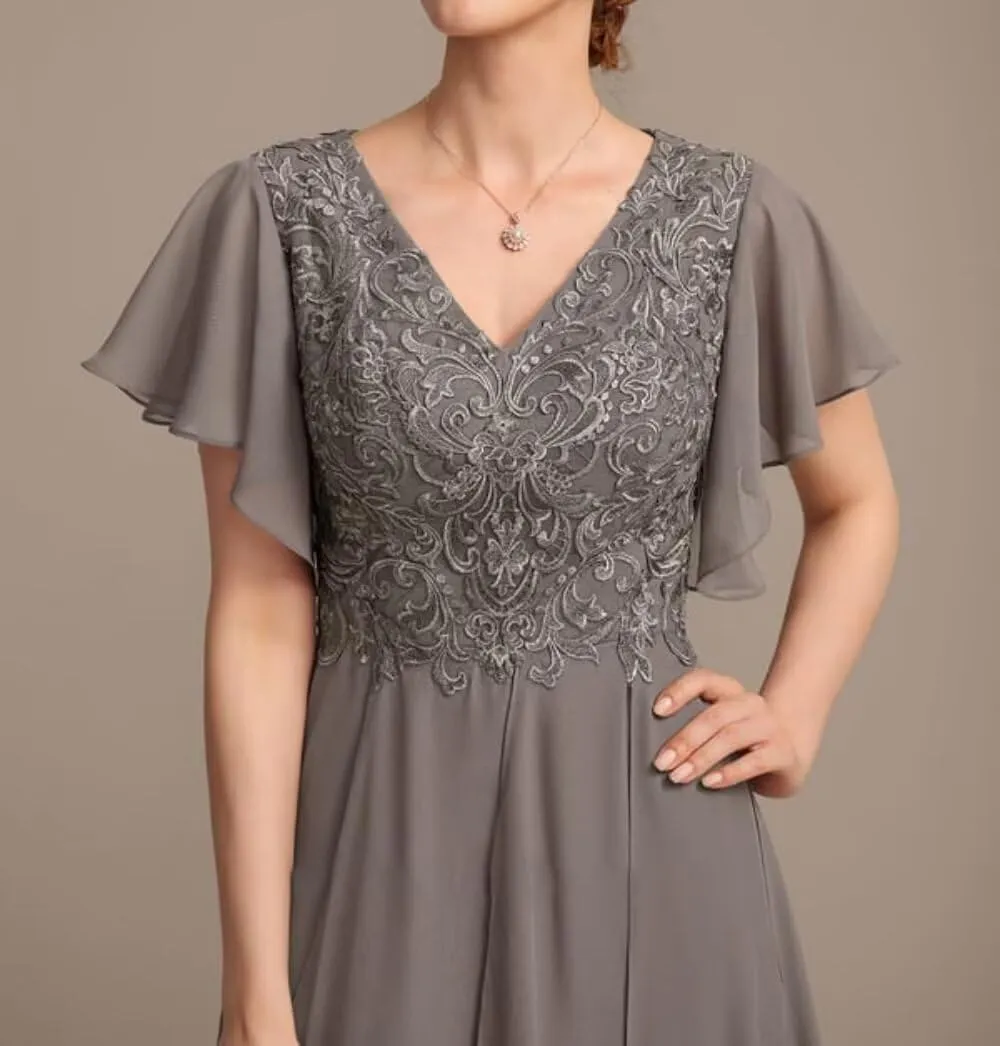 Tiered Chiffon Mother of The Bride Dresses for Wedding Ruffle Sleeves Lace Applique Evening Party Gown