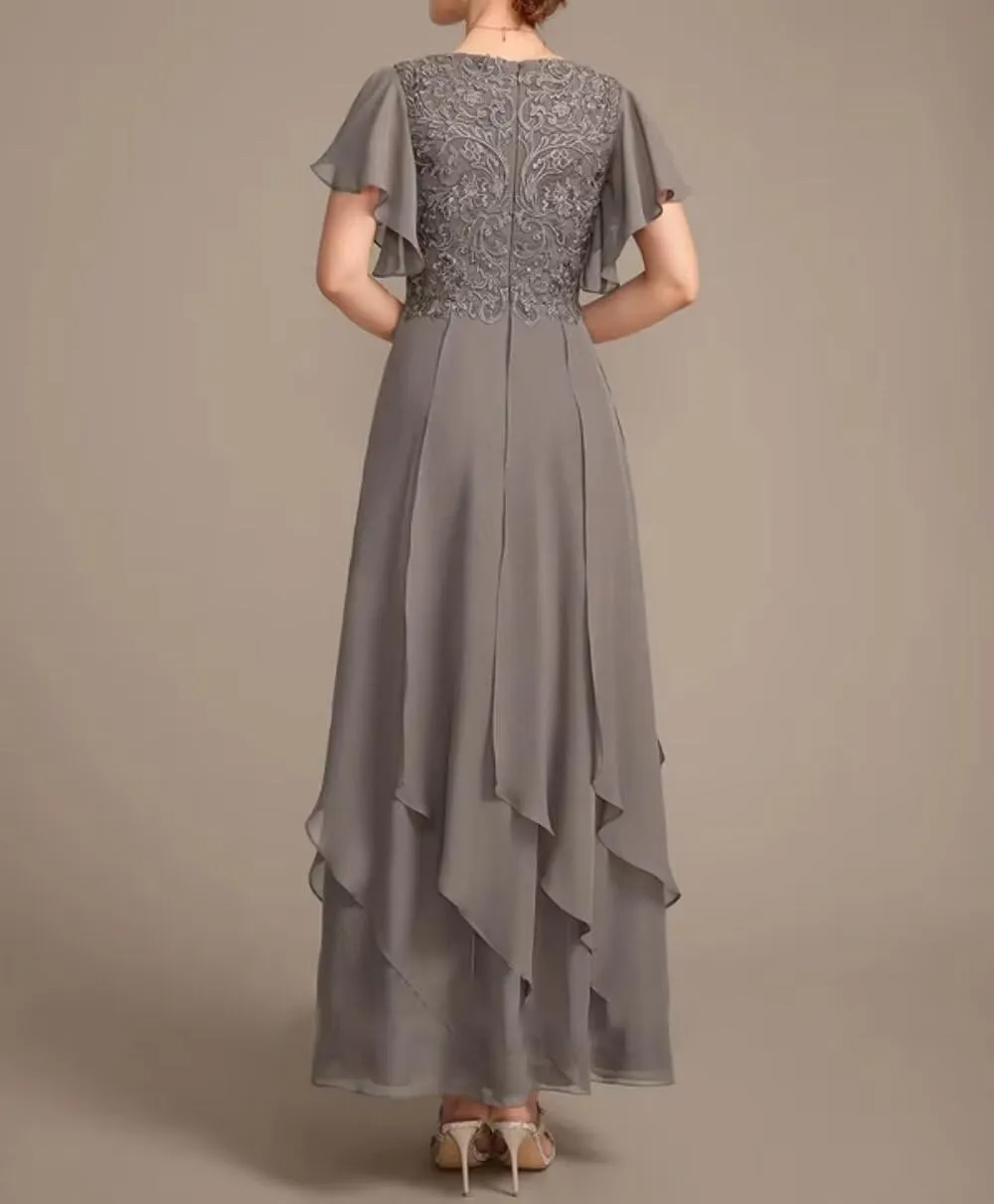 Tiered Chiffon Mother of The Bride Dresses for Wedding Ruffle Sleeves Lace Applique Evening Party Gown