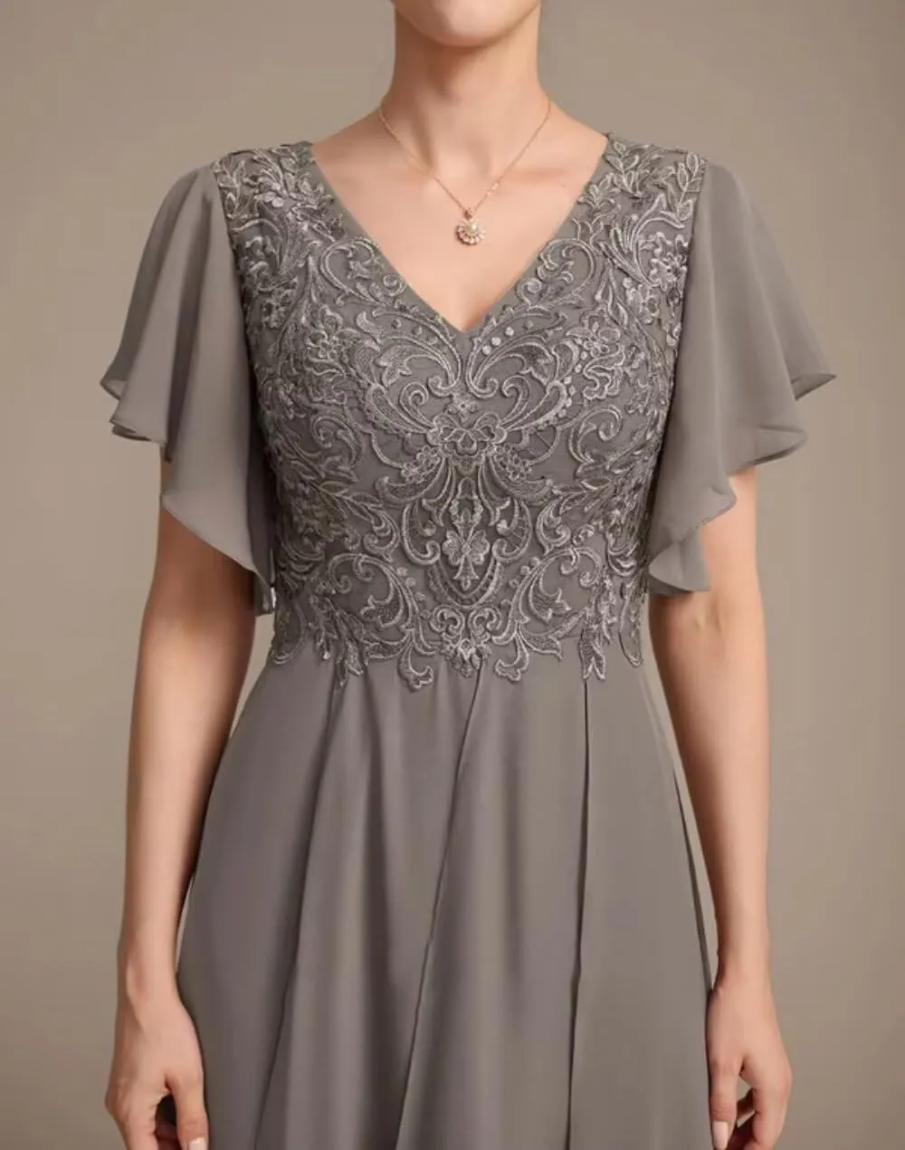 Tiered Chiffon Mother of The Bride Dresses for Wedding Ruffle Sleeves Lace Applique Evening Party Gown