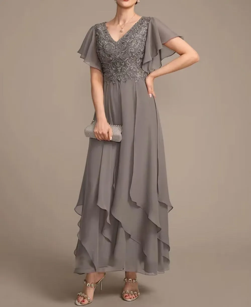 Tiered Chiffon Mother of The Bride Dresses for Wedding Ruffle Sleeves Lace Applique Evening Party Gown