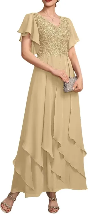 Tiered Chiffon Mother of The Bride Dresses for Wedding Ruffle Sleeves Lace Applique Evening Party Gown
