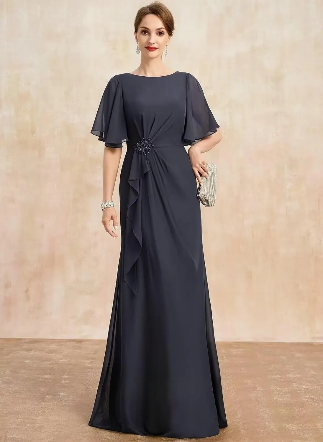 TIRAS Mother of The Bride Dresses Cowl Neck Chiffon A-line Long Formal Wedding Dresses with Ruffles Sleeve CM424