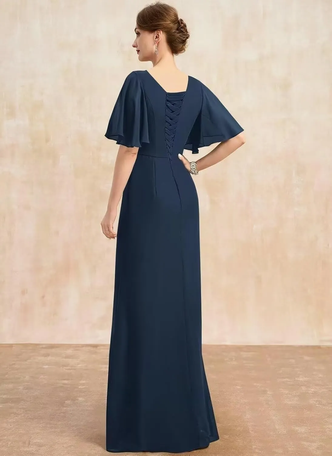 TIRAS Mother of The Bride Dresses Cowl Neck Chiffon A-line Long Formal Wedding Dresses with Ruffles Sleeve CM424