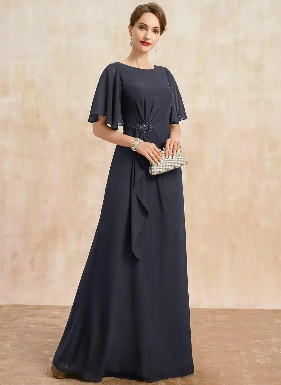 TIRAS Mother of The Bride Dresses Cowl Neck Chiffon A-line Long Formal Wedding Dresses with Ruffles Sleeve CM424