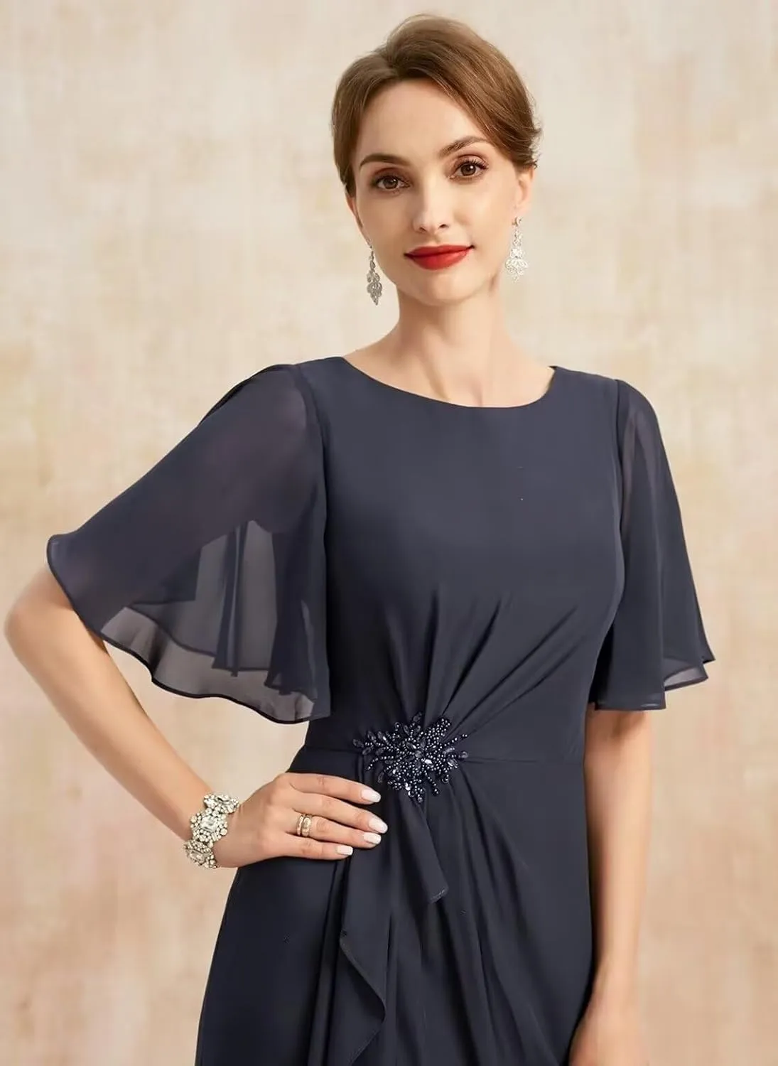 TIRAS Mother of The Bride Dresses Cowl Neck Chiffon A-line Long Formal Wedding Dresses with Ruffles Sleeve CM424
