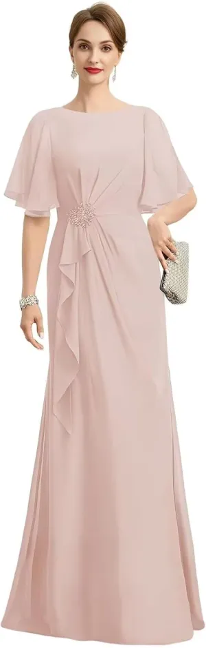 TIRAS Mother of The Bride Dresses Cowl Neck Chiffon A-line Long Formal Wedding Dresses with Ruffles Sleeve CM424