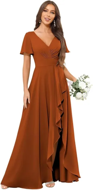 TORYEMY Chiffon Bridesmaid Dresses Long with Sleeves Slit V Neck Ruffle Ruched A Line Formal Evening Dress for Women