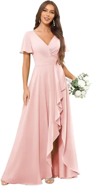 TORYEMY Chiffon Bridesmaid Dresses Long with Sleeves Slit V Neck Ruffle Ruched A Line Formal Evening Dress for Women