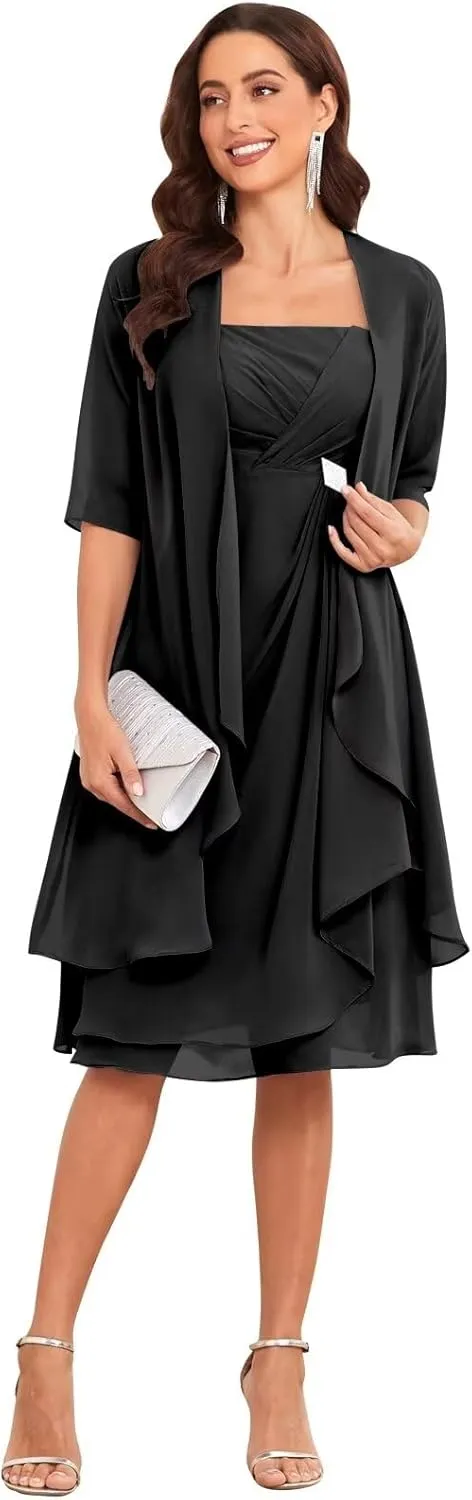 TORYEMY Mother of The Bride Dresses with Jacket 2 Pieces Half Sleeve Knee Length Chiffon Mother Groom Dress