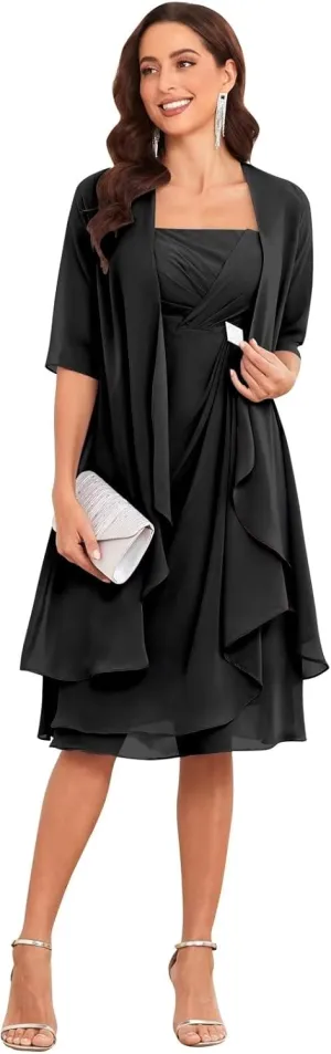 TORYEMY Mother of The Bride Dresses with Jacket 2 Pieces Half Sleeve Knee Length Chiffon Mother Groom Dress