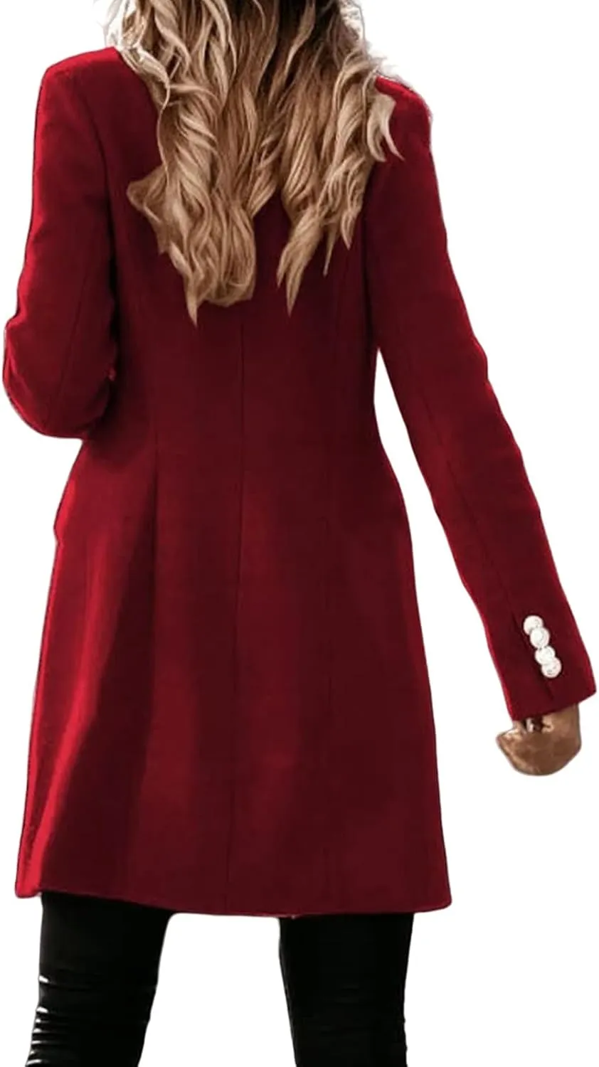 Trench Coat Women Long Wool Double Breasted Blazer Fall Winter Notch Lapel Jacket Business Casual Mid-Long Peacoat