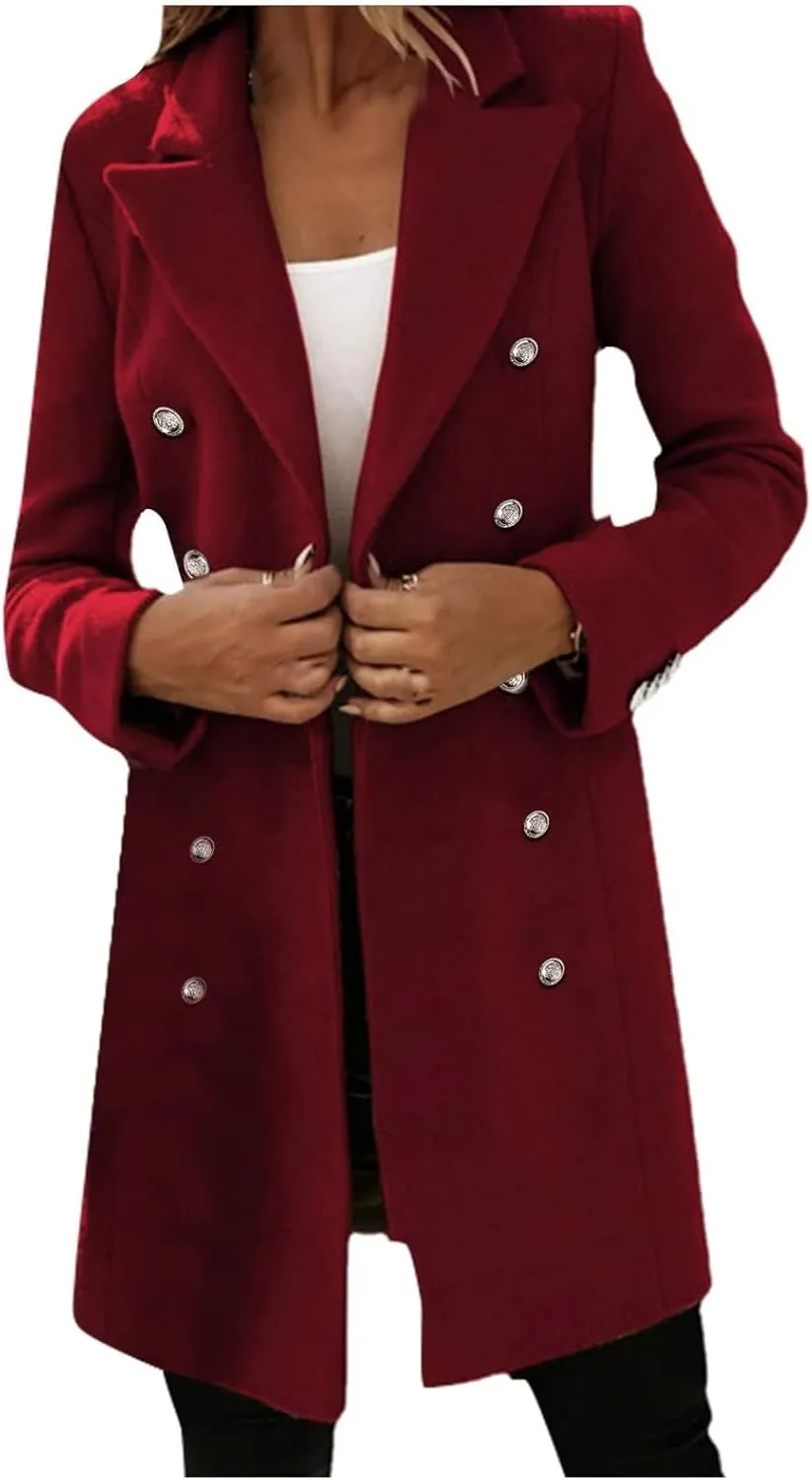 Trench Coat Women Long Wool Double Breasted Blazer Fall Winter Notch Lapel Jacket Business Casual Mid-Long Peacoat