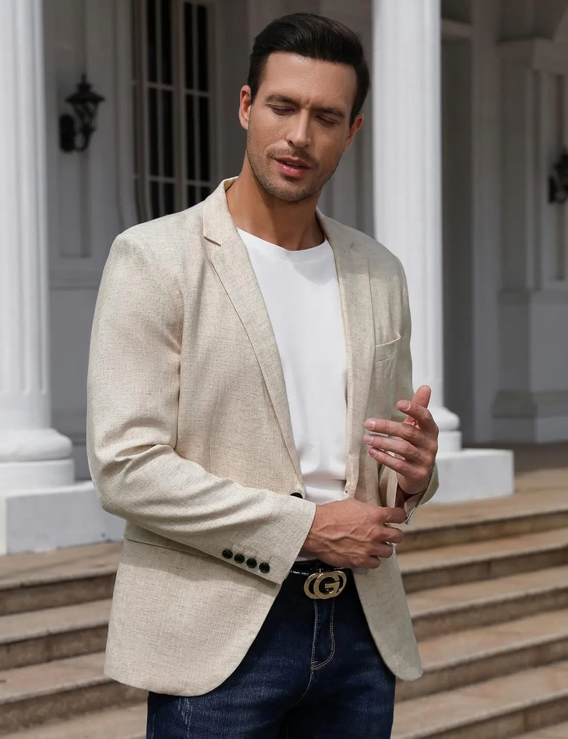TURETRENDY Men's Casual Sport Coat Lightweight Linen Blazer One Button Business Suit Jackets Stylish Daily Suits