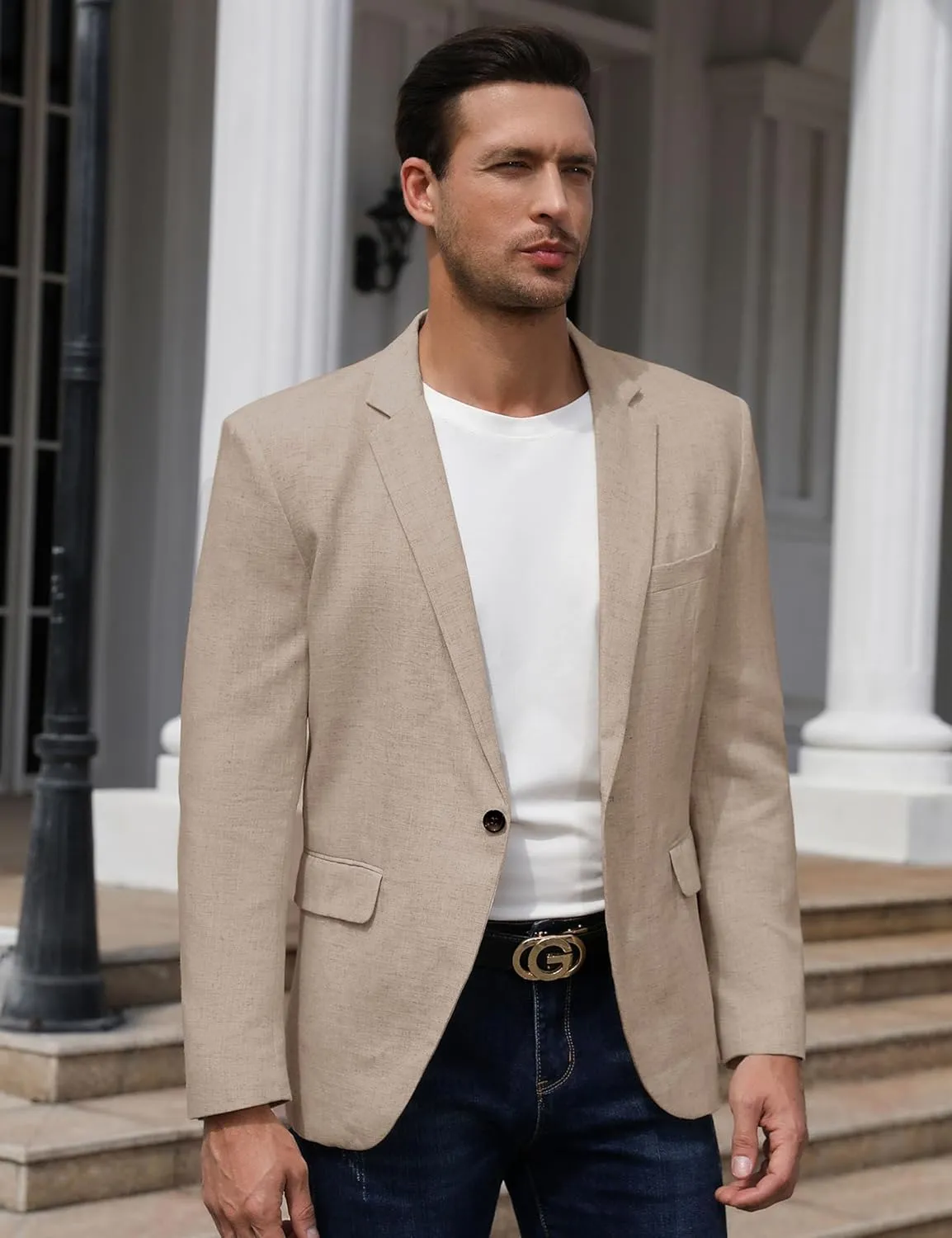 TURETRENDY Men's Casual Sport Coat Lightweight Linen Blazer One Button Business Suit Jackets Stylish Daily Suits