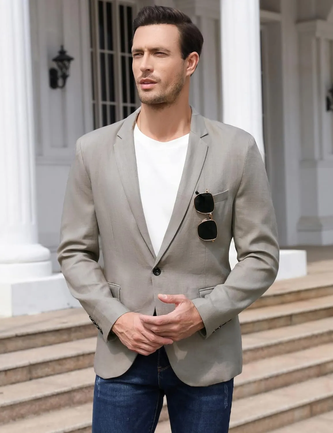 TURETRENDY Men's Casual Sport Coat Lightweight Linen Blazer One Button Business Suit Jackets Stylish Daily Suits