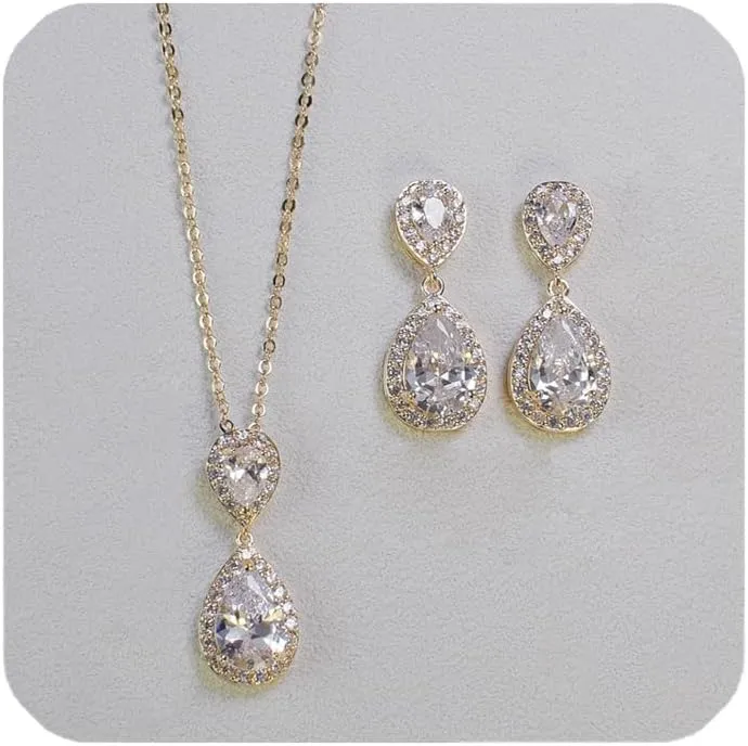 UDYLGOON Elegant Bride Bridesmaid Teardrop Necklace Earrings Set Cubic Zirconia Wedding Prom Jewelry Set