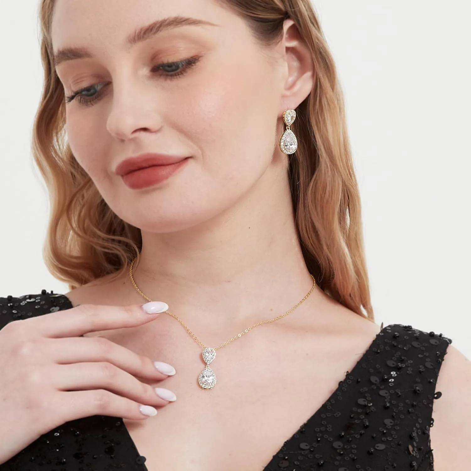 UDYLGOON Elegant Bride Bridesmaid Teardrop Necklace Earrings Set Cubic Zirconia Wedding Prom Jewelry Set